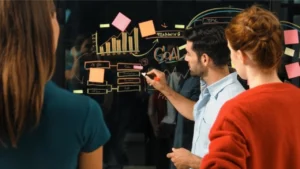 Team brainstorming a marketing strategy for life coaching.