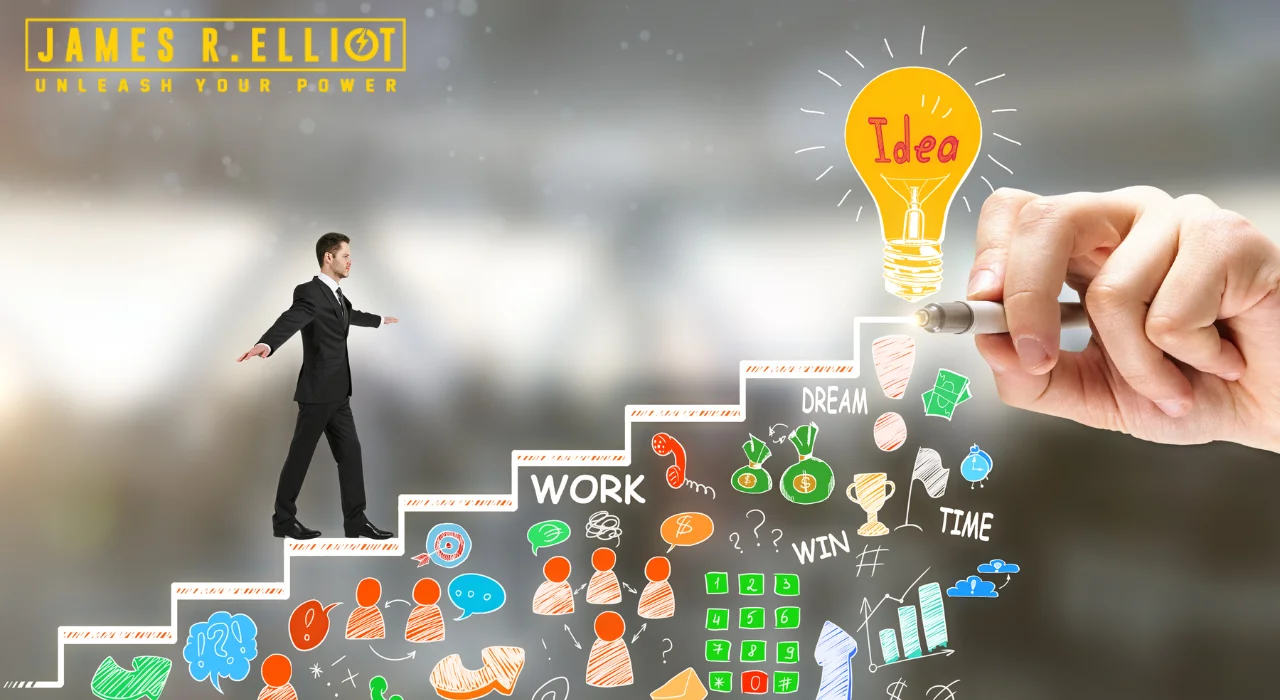 A motivational image featuring a man in a suit standing confidently with arms outstretched, symbolizing empowerment and ambition. The background is blurred, drawing attention to the central elements. A hand holding a pen draws a bright yellow light bulb labeled "Idea," emphasizing creativity and innovation. Surrounding the light bulb are various colorful icons and symbols representing concepts such as work, teamwork, communication, financial success, time management, and achievement. The text at the top reads "JAMES R. ELLIOT" in bold yellow letters, followed by the tagline "UNLEASH YOUR POWER," encouraging viewers to harness their potential and pursue their dreams.