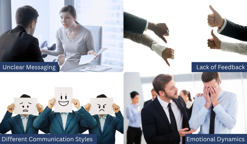 Workplace communication issues collage: unclear messaging, lack of feedback, varied emotions, and conflicting styles depicted through office interactions and symbolic gestures.