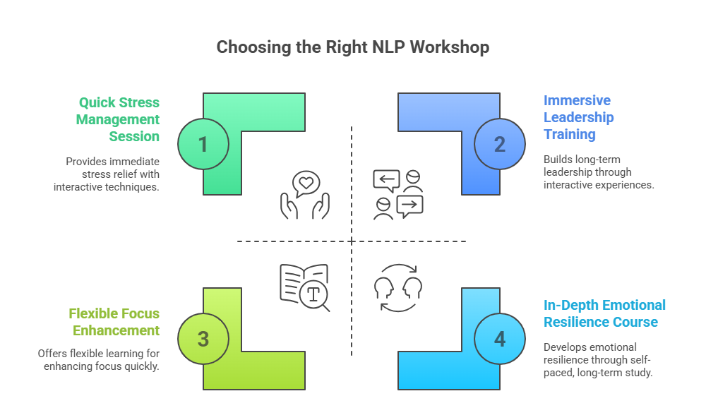 Chart "Choosing the Right NLP Workshop" with 4 options.