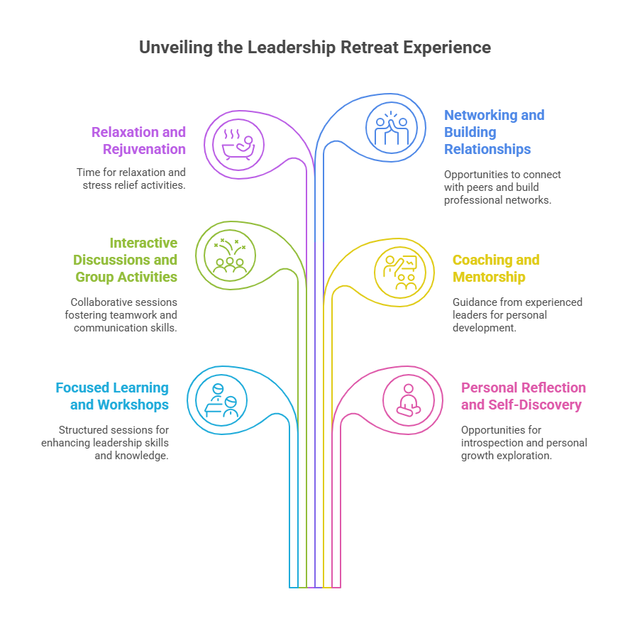 Infographic titled 'Unveiling the Leadership Retreat Experience' featuring a tree-like design with six color-coded branches representing key components: 1) Relaxation and Rejuvenation (purple icon of a chair) – Time for stress relief; 2) Interactive Discussions and Group Activities (green icon of people collaborating) – Teamwork/communication skills; 3) Focused Learning and Workshops (blue icon of a lightbulb) – Leadership skill development; 4) Networking and Building Relationships (blue icon of connected people) – Professional connections; 5) Coaching and Mentorship (yellow icon of a person guiding others) – Guidance from experienced leaders; 6) Personal Reflection and Self-Discovery (pink icon of a person meditating) – Introspection and growth. Branches converge into a central trunk, symbolizing interconnected experiences.
