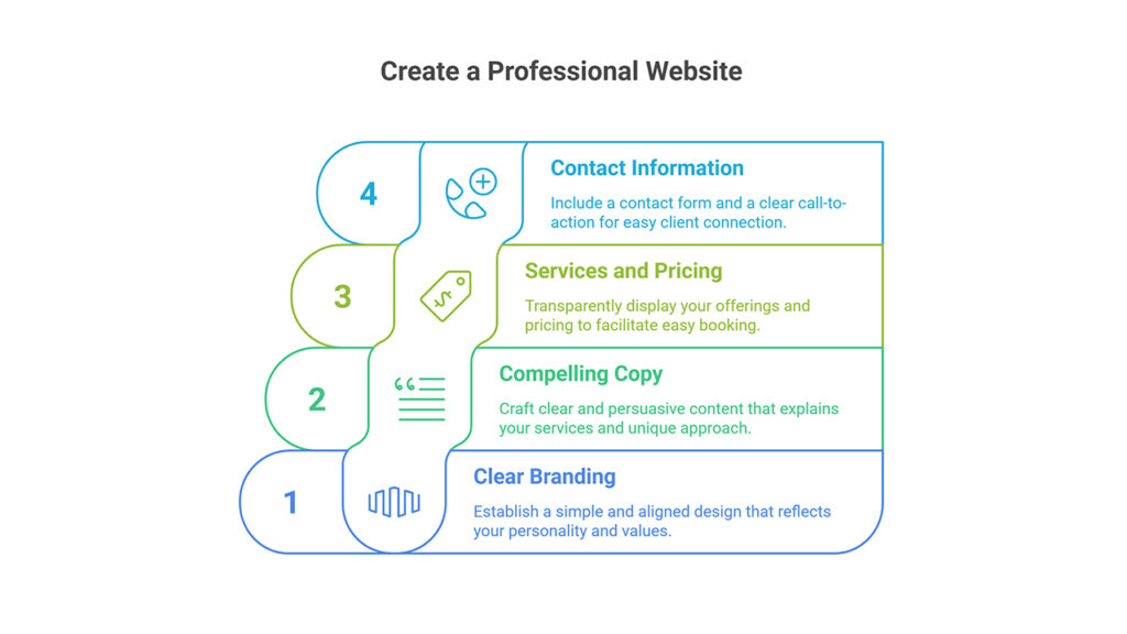 Infographic on creating a professional website with steps: Clear Branding, Compelling Copy, Services, and Contact Information.