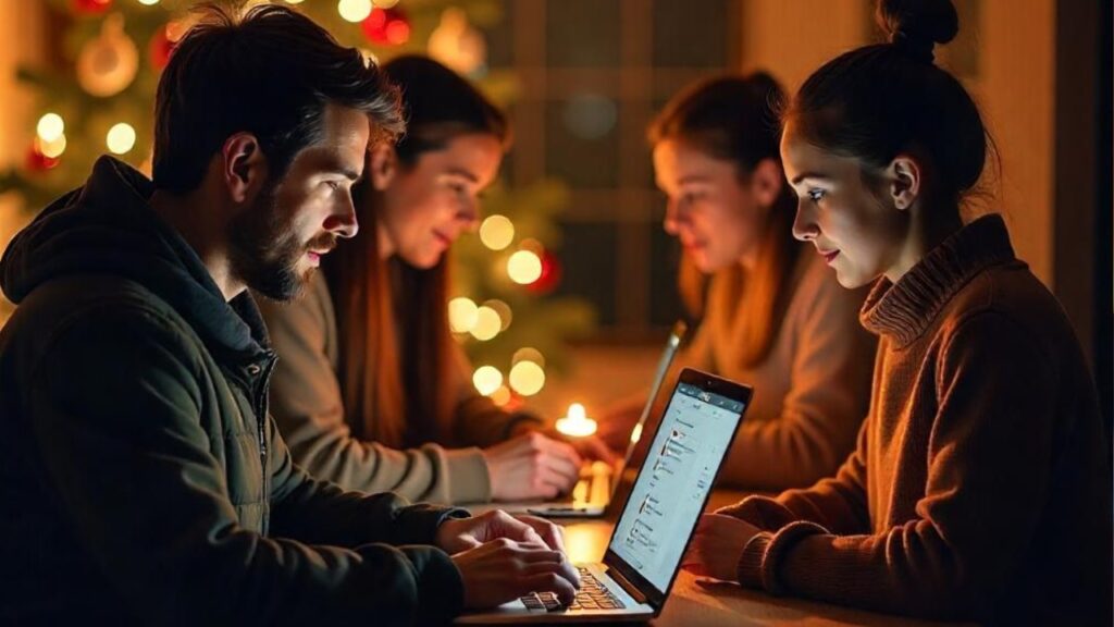 Four friends study/work on laptop at night with glowing Christmas lights and candles, warm indoor gathering.