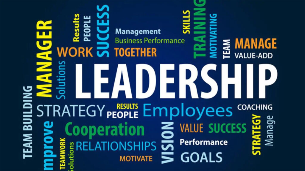 Leadership word cloud for executives with terms like management, teamwork, strategy, success, motivation, goals, and performance on a dark background.