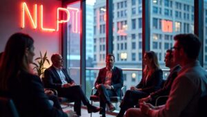 HR teams engaging in NLP discussions within a modern office featuring a prominent NLPT neon sign.