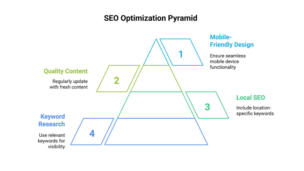SEO Optimization Pyramid infographic with layers: Mobile-Friendly Design, Quality Content, Local SEO, and Keyword Research.