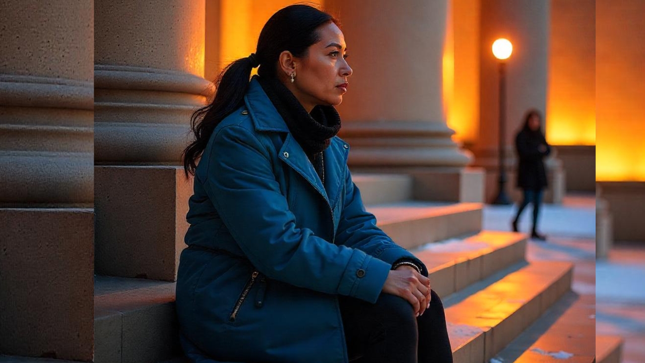 Toronto Winter Blues: Woman in blue coat and scarf sits on stone steps near columns under warm streetlamp light, another person walks by.