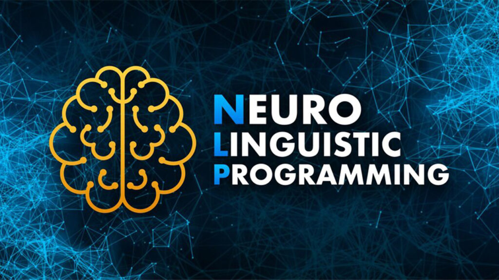 Yellow brain icon on dark blue background with blue-white 'Neuro Linguistic Programming' text and interconnected line network.