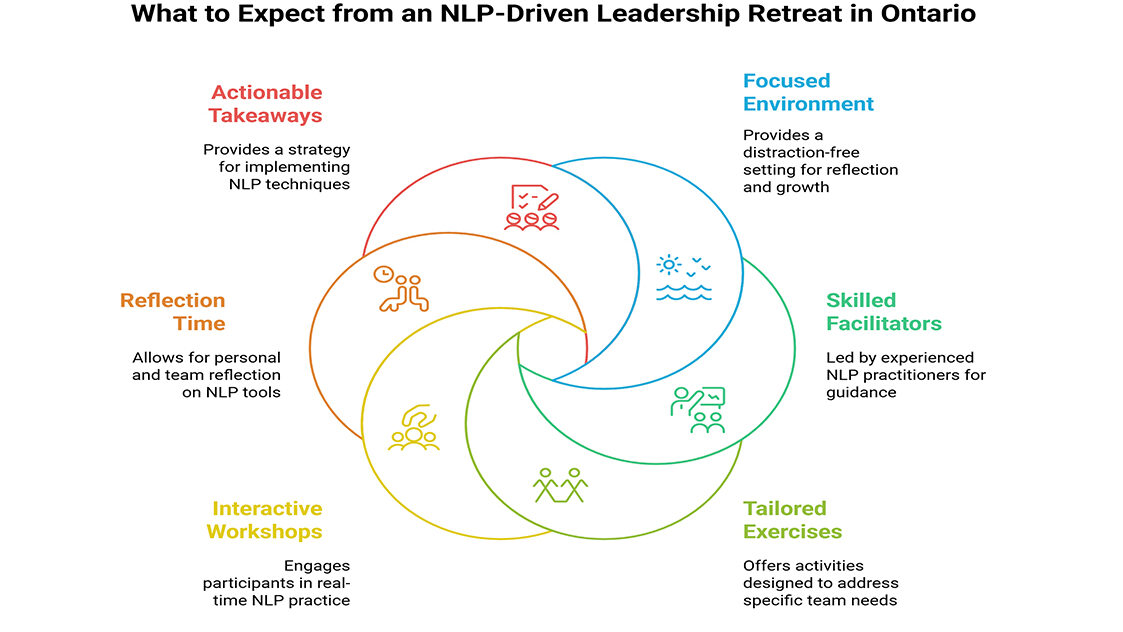 Diagram of an NLP-Driven Leadership Retreat in Ontario, highlighting actionable takeaways, reflection time, workshops, exercises, facilitators, and focused environment.
