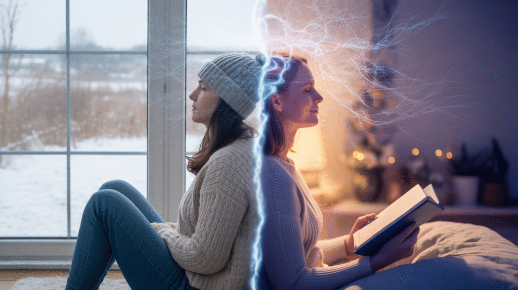 Split image of winter blues vs positive mindset using NLP, showing energy shift and focus boost.