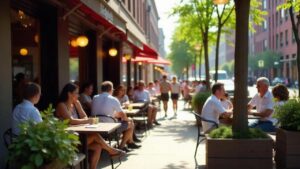Toronto Restaurants outdoor café: patrons dining under red awning. Vibrant ambiance, potted plants, trees, pedestrians.