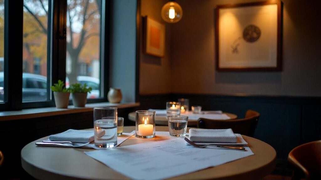 round table with candle, glassware, menus. Soft lighting, framed art, window view of urban trees. Intimate ambiance