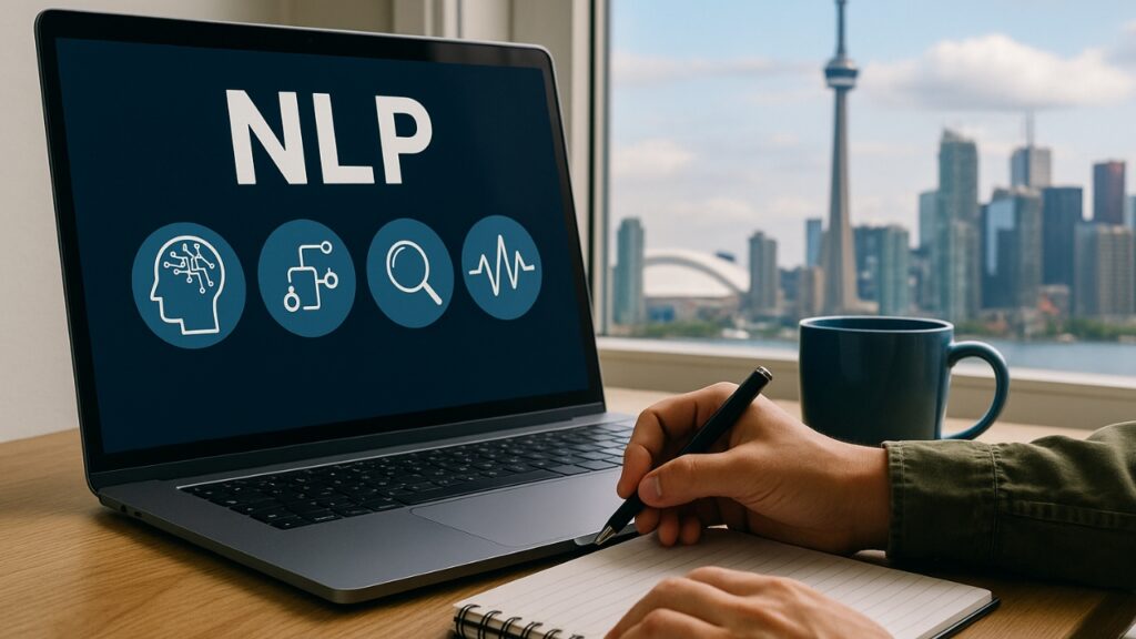 A person writes notes next to a laptop displaying 'NLP' and AI-related icons, with a coffee mug and the Toronto skyline in the background.