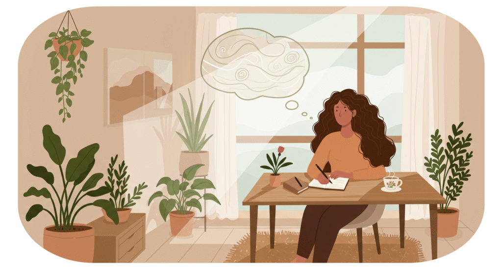 A woman writing in a notebook at a wooden table with plants and a teacup, a thought bubble above her head, in a cozy room with a window.