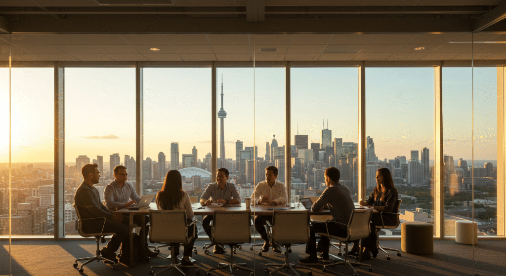 A diverse team sits around a conference table for conflict resolution, with a panoramic view of the Toronto skyline at sunset.