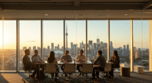A diverse team sits around a conference table for conflict resolution, with a panoramic view of the Toronto skyline at sunset.