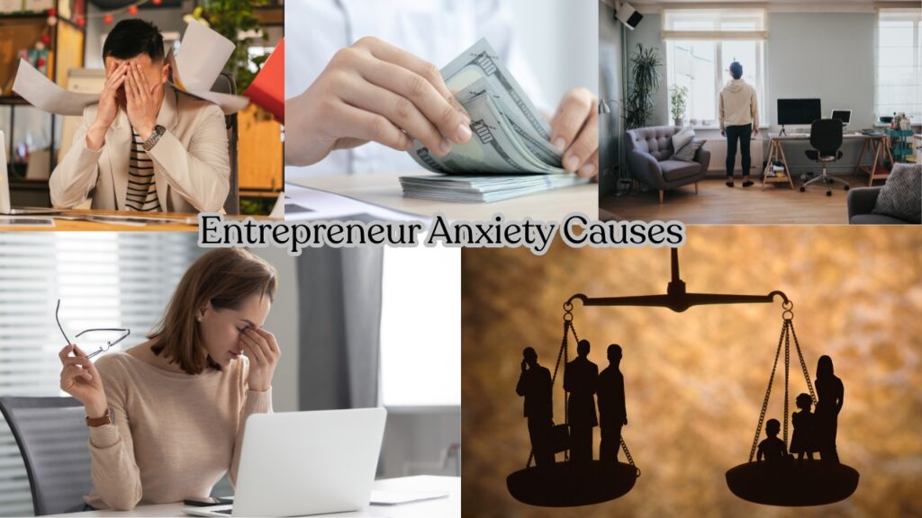 A collage depicting "Entrepreneur Anxiety Causes": stressed individuals, counting money, and work-life balance scales.