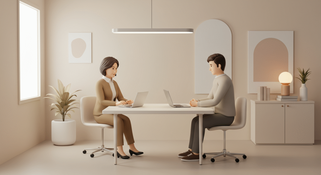 Image shows two Life Coaches working on laptops in a modern office with plants, a lamp, and decor on a wooden table and shelves.