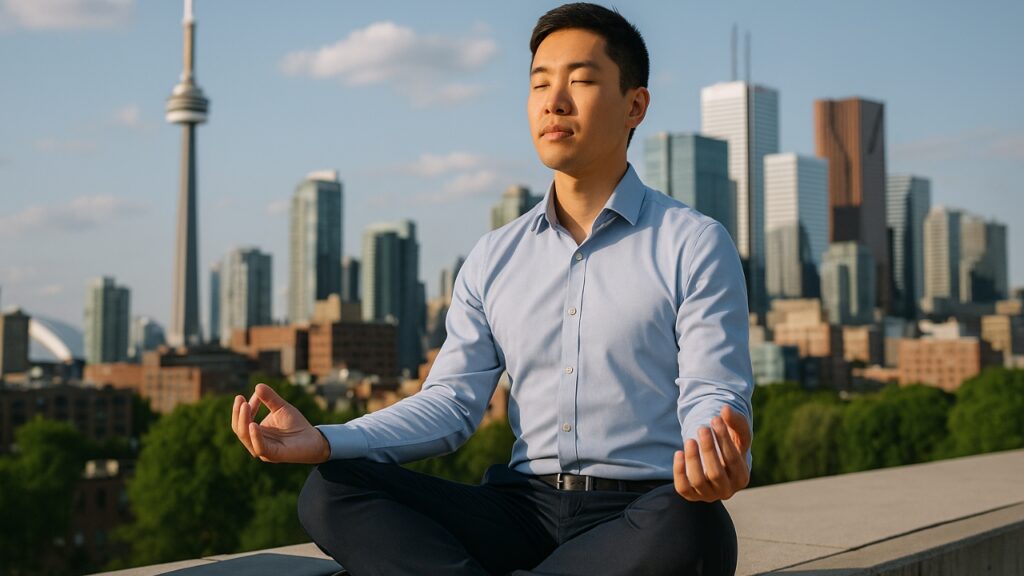 A man meditates in a lotus position on a rooftop with the Toronto skyline in the background.