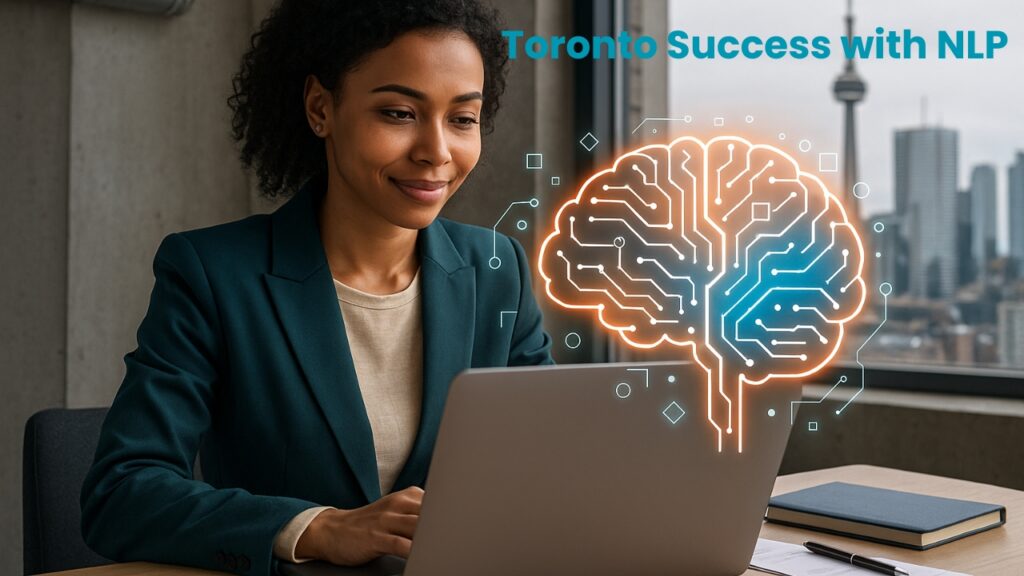 A woman works on a laptop, with a glowing brain graphic overlaid, symbolizing NLP boosting success.