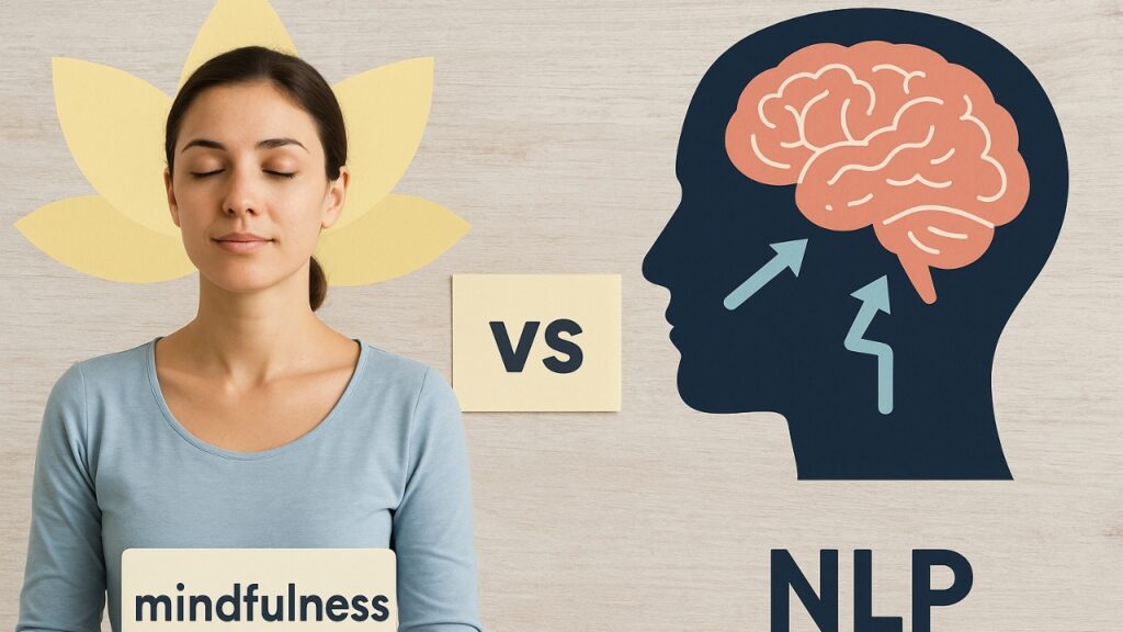 A split image showing a woman meditating for "Mindfulness" and a brain graphic for "NLP," with "VS" in between.