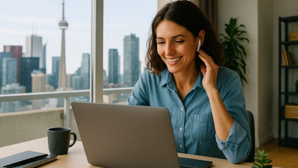 A woman smiles while working at a laptop with earbuds, surrounded by a coffee mug, notebook, and plant, with the Toronto skyline visible through a window.