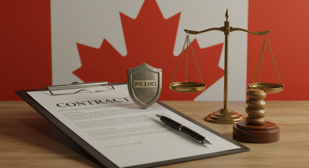 Insurance contract on a clipboard with a pen, shield, and scales of justice, set against a Canadian flag background on a wooden table.