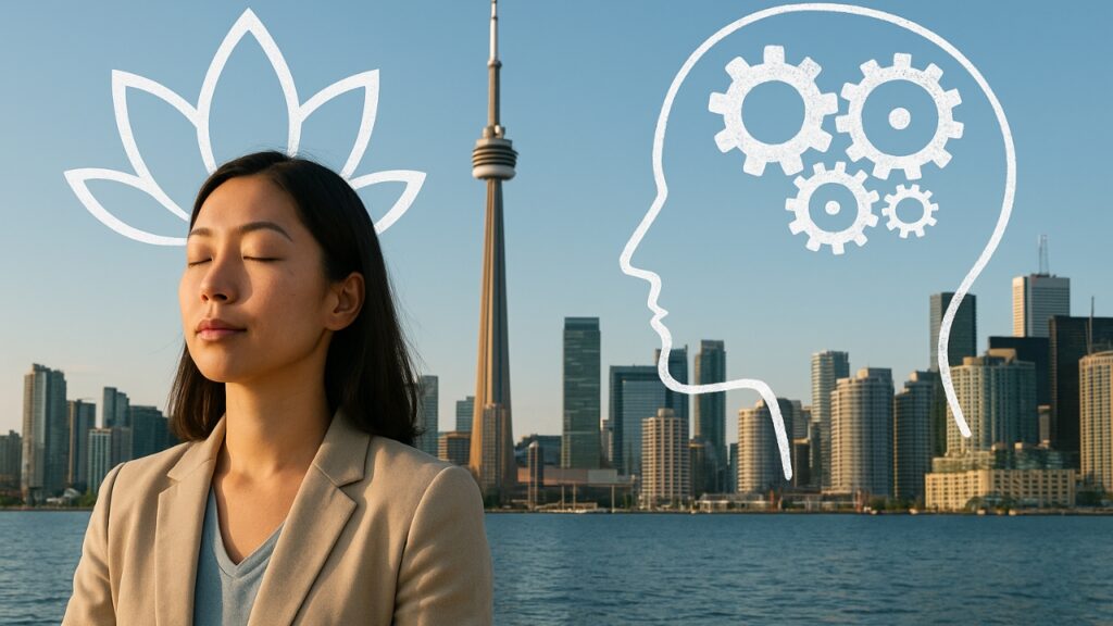 A woman meditating, representing Mindfulness, alongside a gear-filled head outline for NLP, with a city skyline.