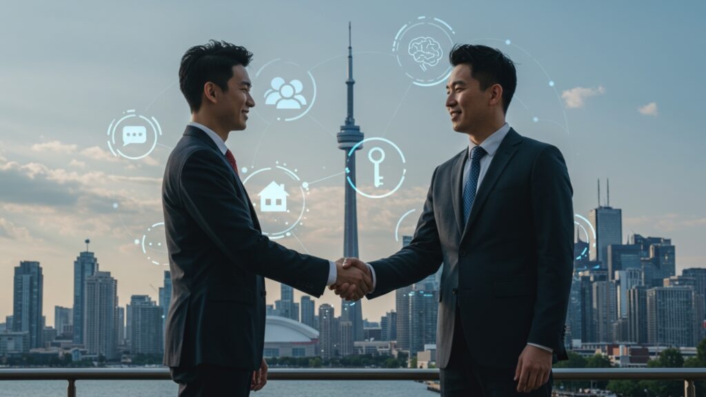 Two businessmen shake hands with Toronto skyline and NLP icons for real estate negotiations.