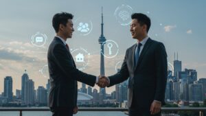Two businessmen shake hands with Toronto skyline and NLP icons for real estate negotiations.