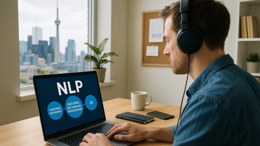 Toronto Remote Workers: A man works at a laptop displaying 'NLP' and AI concepts, wearing headphones, with the Toronto skyline visible through a window behind him.