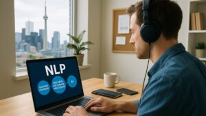 Toronto Remote Workers: A man works at a laptop displaying 'NLP' and AI concepts, wearing headphones, with the Toronto skyline visible through a window behind him.