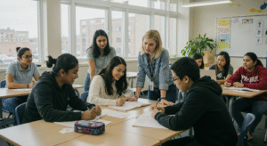 Students collaborating in a classroom, part of the Education System, with a teacher guiding them, books, and notes on desks, near large windows.