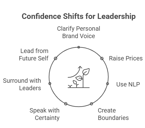 Infographic on confidence shifts for leadership: Clarify Personal Brand Voice, Lead from Future Self, Surround with Leaders, Speak with Certainty, Raise Prices, Use NLP, Create Boundaries.