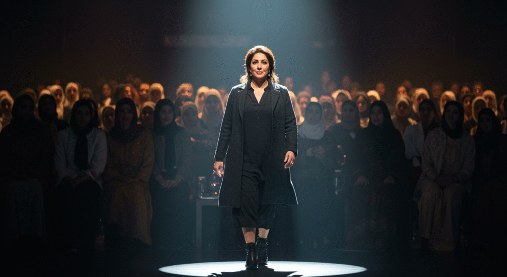 Unapologetically You: A confident woman in black stands under a spotlight on stage, addressing a diverse audience in a dimly lit venue.
