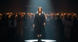 Unapologetically You: A confident woman in black stands under a spotlight on stage, addressing a diverse audience in a dimly lit venue.