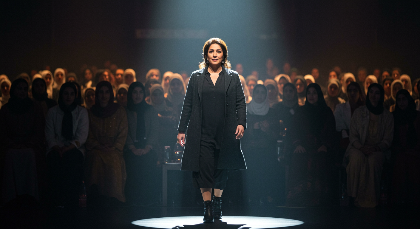 Unapologetically You: A confident woman in black stands under a spotlight on stage, addressing a diverse audience in a dimly lit venue.
