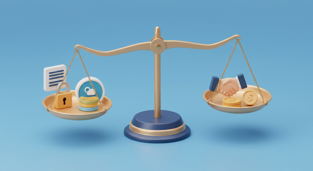 Image shows a balance scale with security icons on one side and coins with a handshake on the other, symbolizing trust and value on blue.