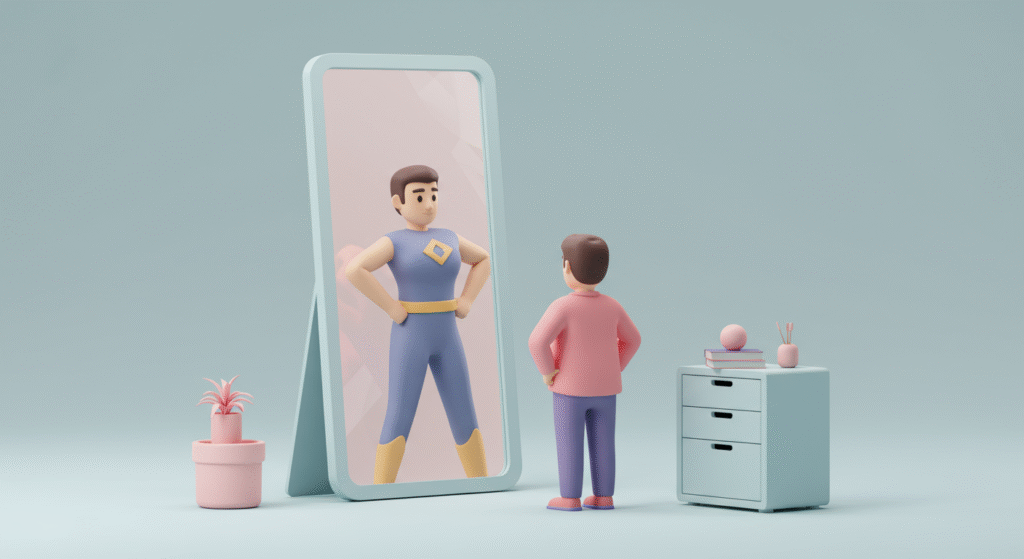 3D illustration of a person in pink looking at a superhero reflection in a mirror, with a plant and dresser in a pastel room.