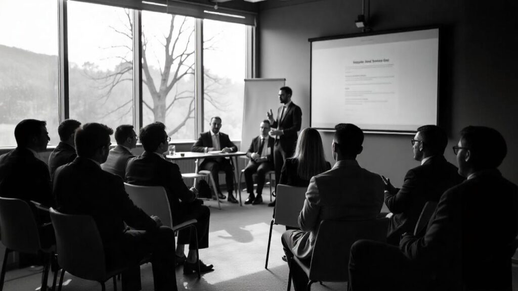 A monochrome image shows a group of business professionals attending a presentation in a meeting room.