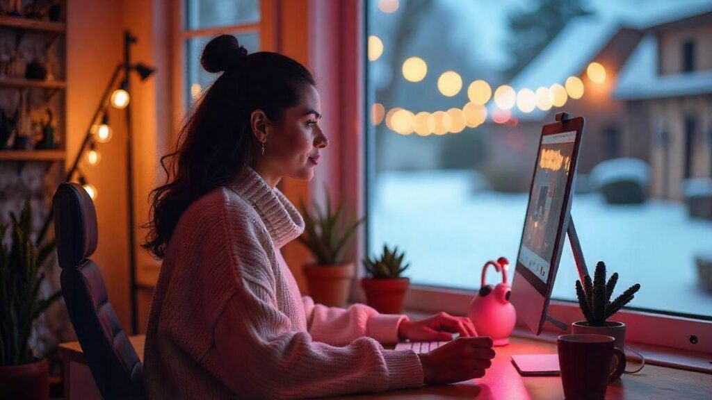 Hybrid workplace: Woman at computer in cozy room, warm lighting, string lights, window, pink sweater, desk: monitor, keyboard, pink teapot, cactus, red mug, shelves, staircase.