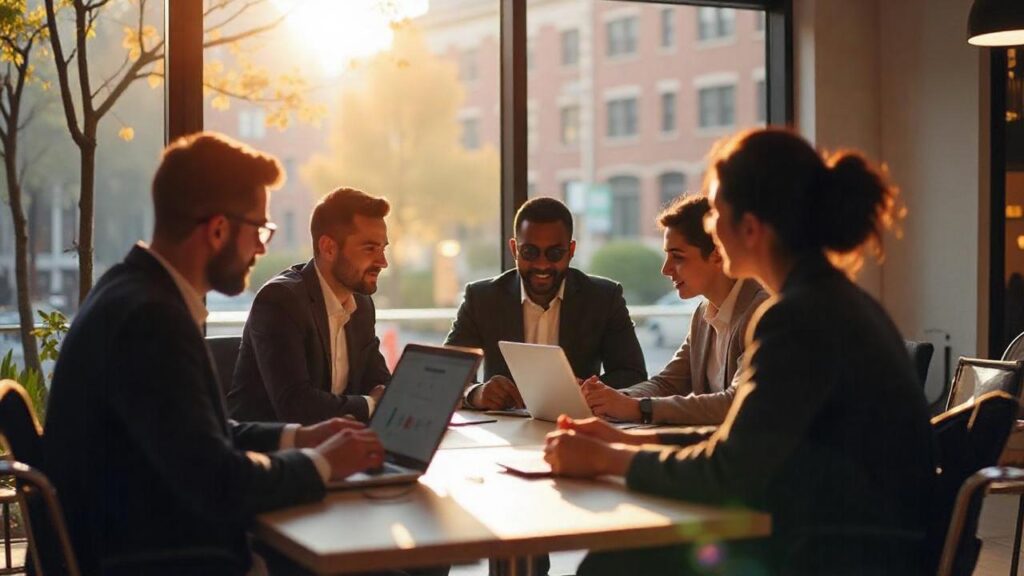 Group of professionals collaborating at table in modern café, sunlight streaming through window, cityscape view, laptops, documents, business attire.