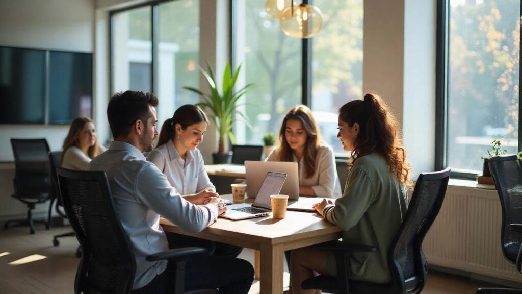 Team collaborating at wooden table in modern office, natural light through windows, plants, ergonomic chairs, laptops, documents, coffee
