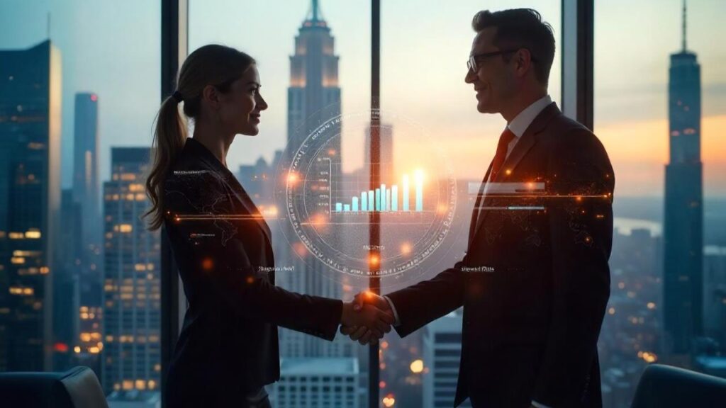 A business man and woman shake hands with a glowing data visualization between them, overlooking a city skyline.