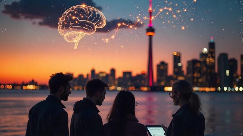 A glowing brain above the Toronto skyline at sunset, with people looking at a tablet, representing Toronto Nonprofits.