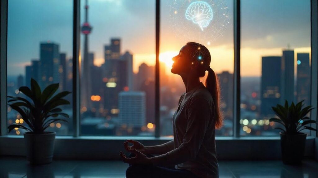 A woman meditates by a window overlooking the Toronto skyline at sunset, with a glowing brain graphic representing Toronto Entrepreneurs.