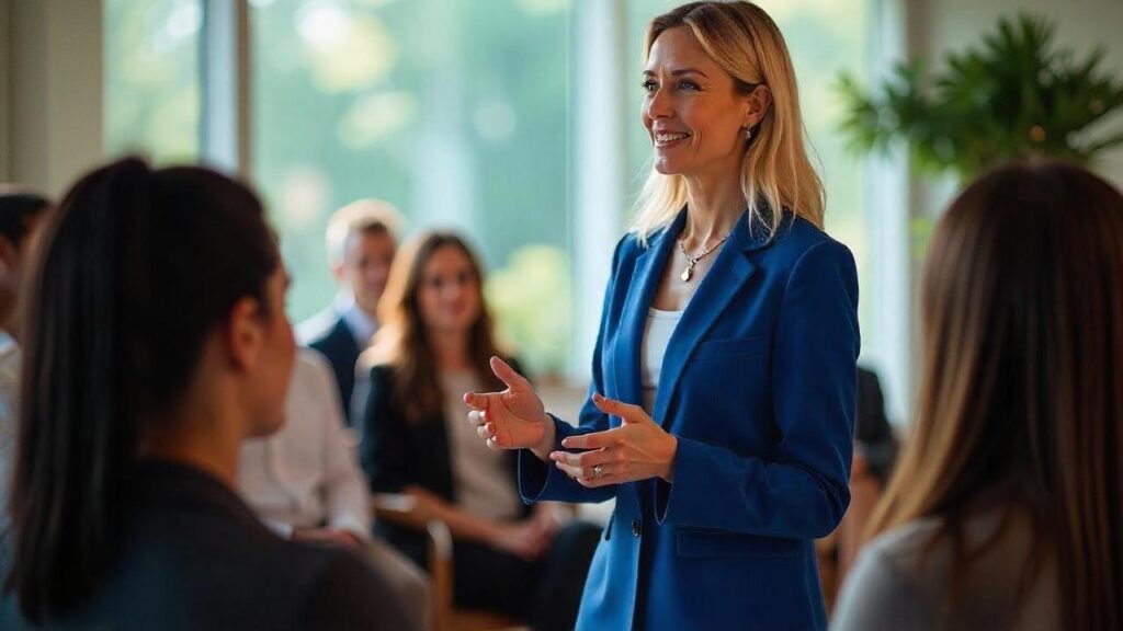 A woman in a blue suit presenting Sleep Techniques to a group in a bright office with large windows and greenery.
