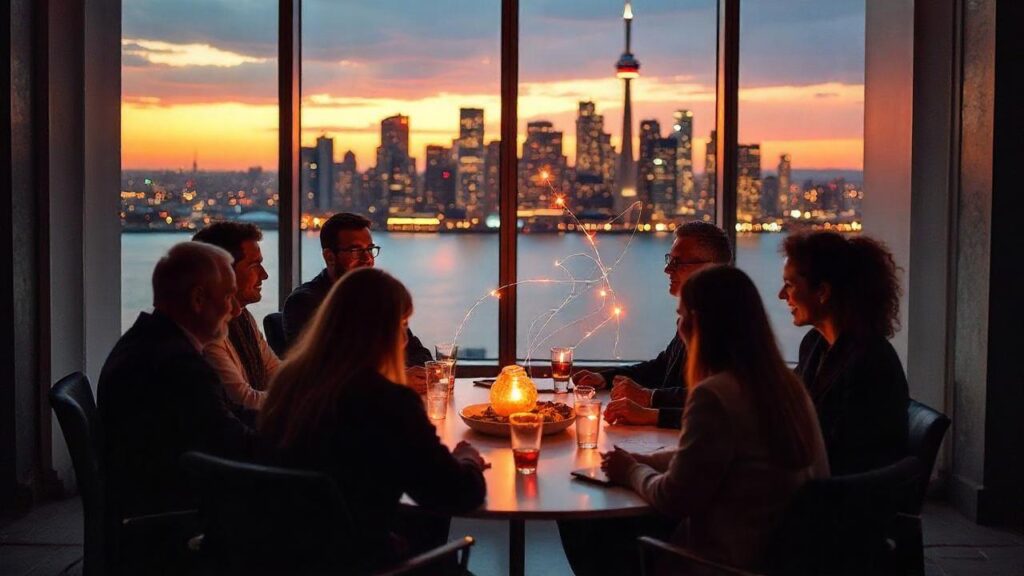 A group dines at a waterfront restaurant with the Toronto skyline and CN Tower at sunset.