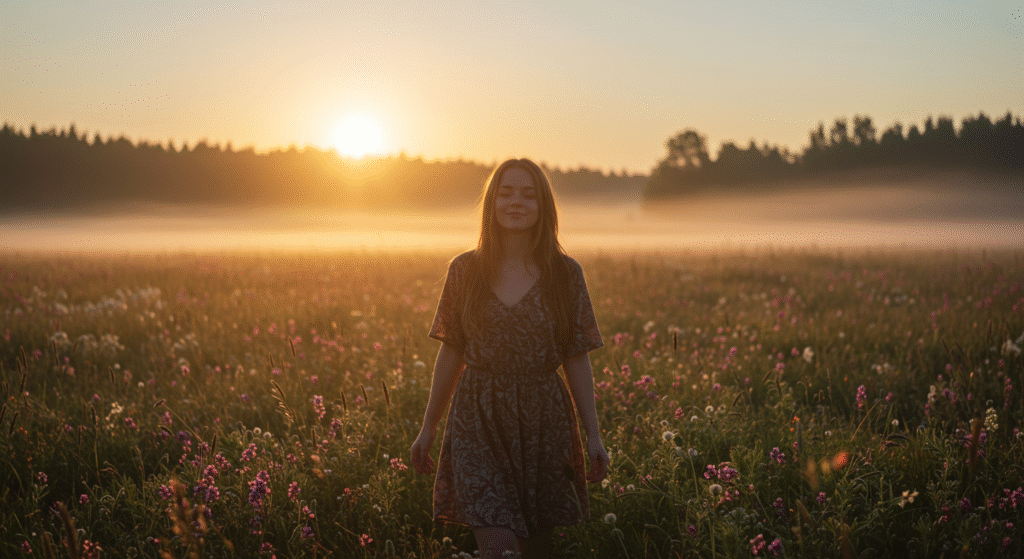 A woman in a floral dress stands in a misty field of wildflowers at sunrise, with the sun low and trees in the background.