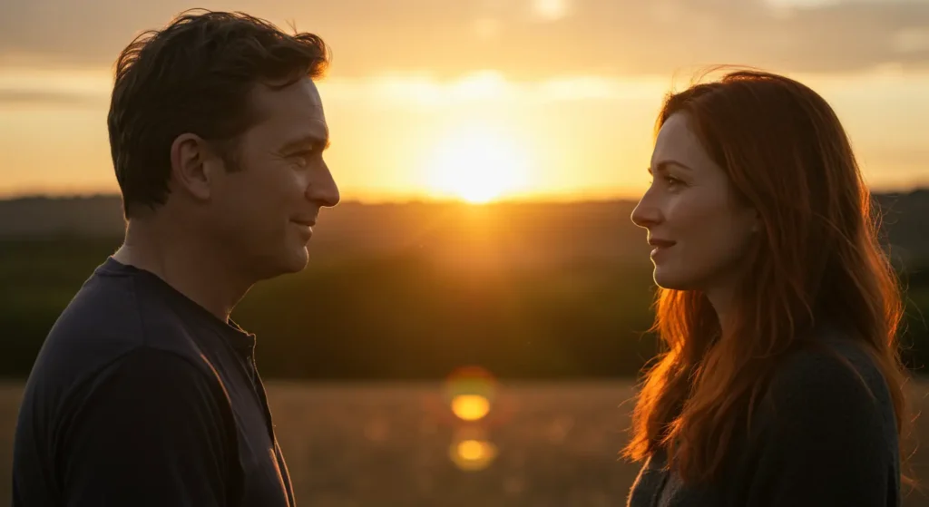 Couple looking at each other during sunset, symbolizing deep connection and stronger relationship